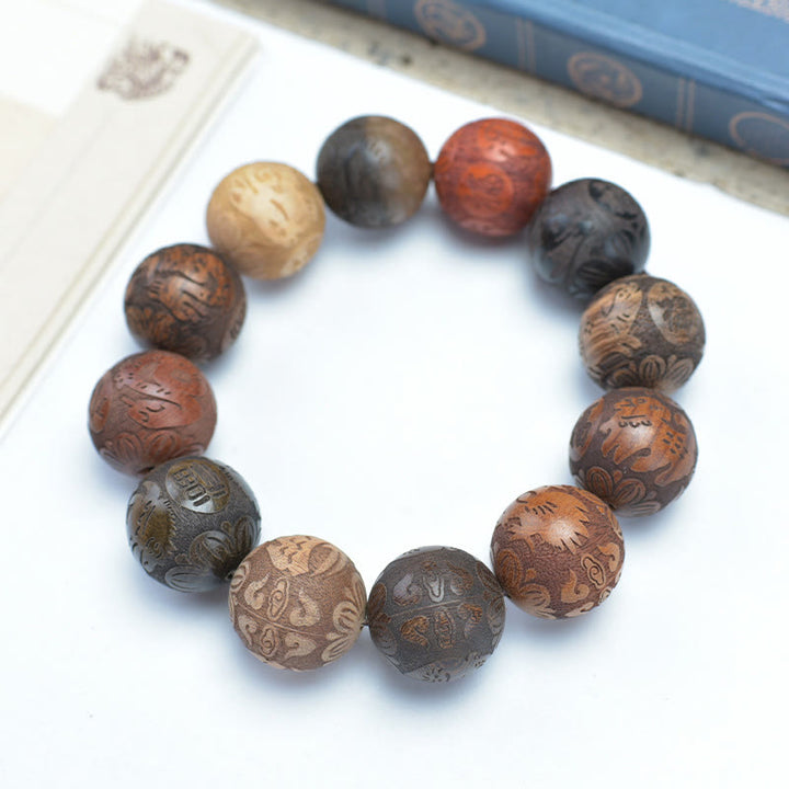 Bracelet de guérison en bois de santal sculpté avec Buddha Stones et symbole du zodiaque chinois, dragon, phénix, caractère Fu