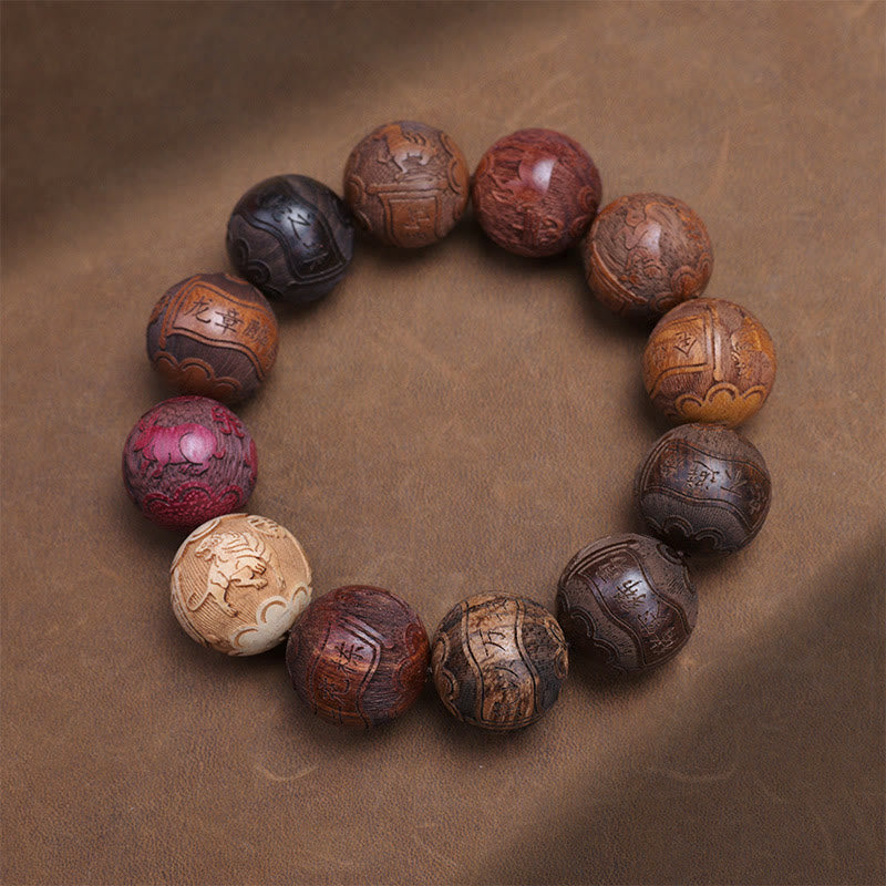 Bracelet de guérison en bois de santal sculpté avec Buddha Stones et symbole du zodiaque chinois, dragon, phénix, caractère Fu