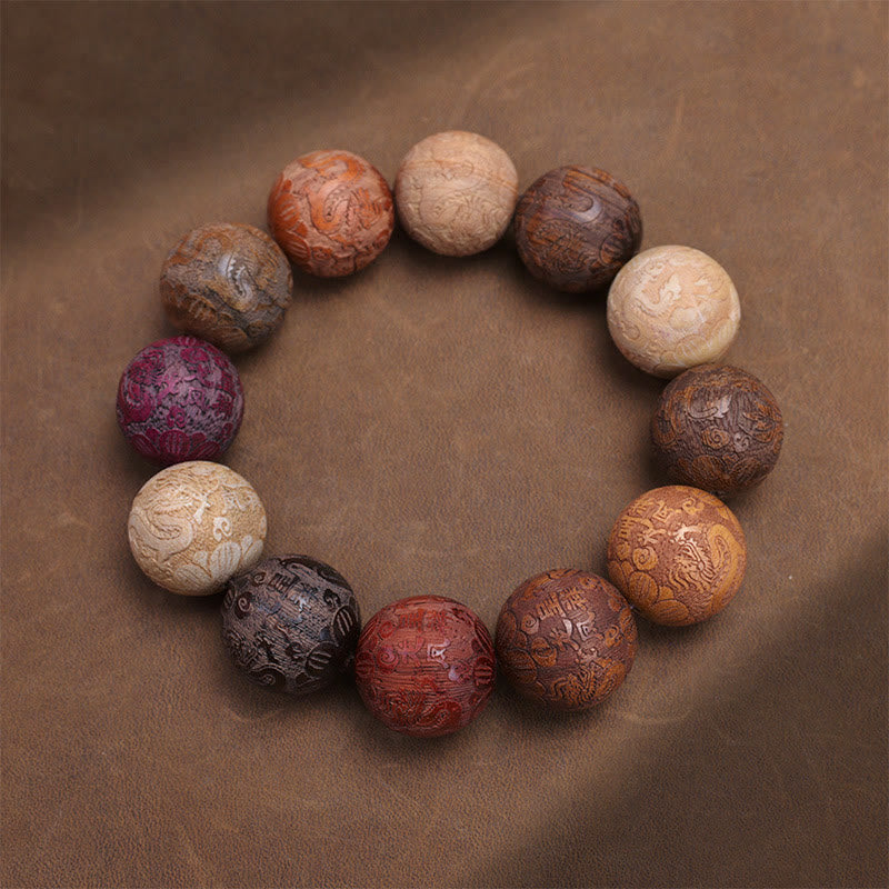 Bracelet de guérison en bois de santal sculpté avec Buddha Stones et symbole du zodiaque chinois, dragon, phénix, caractère Fu