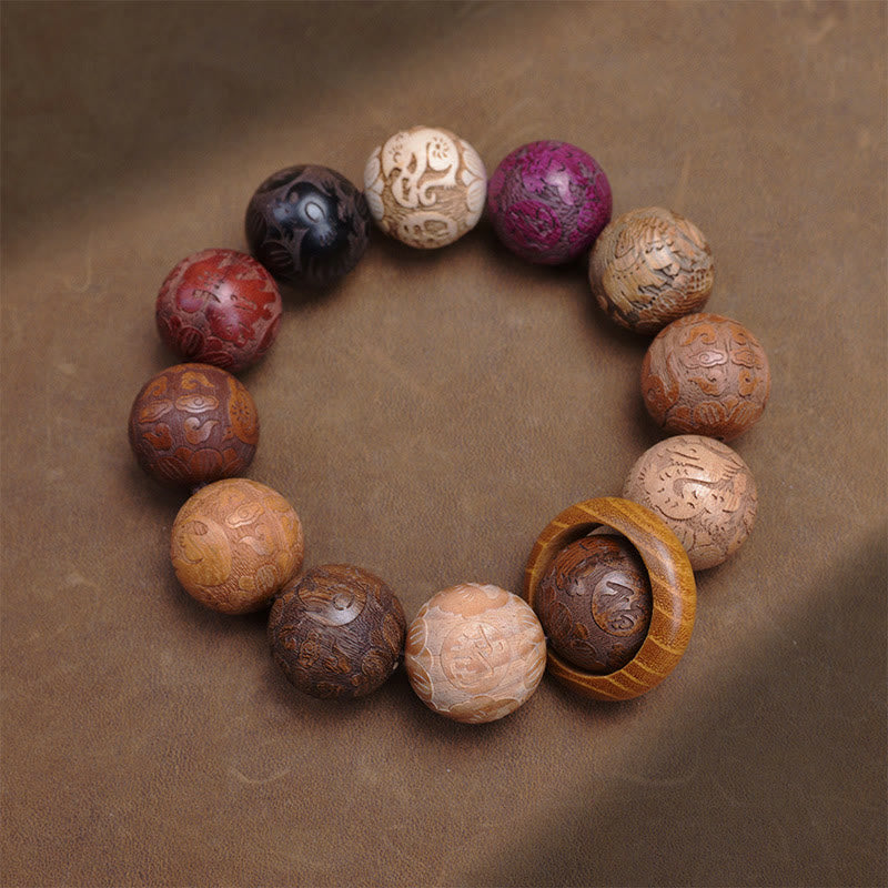 Bracelet de guérison en bois de santal sculpté avec Buddha Stones et symbole du zodiaque chinois, dragon, phénix, caractère Fu
