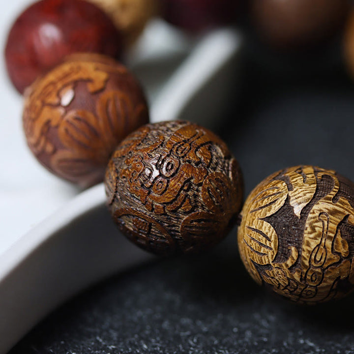 Bracelet de guérison en bois de santal sculpté avec Buddha Stones et symbole du zodiaque chinois, dragon, phénix, caractère Fu