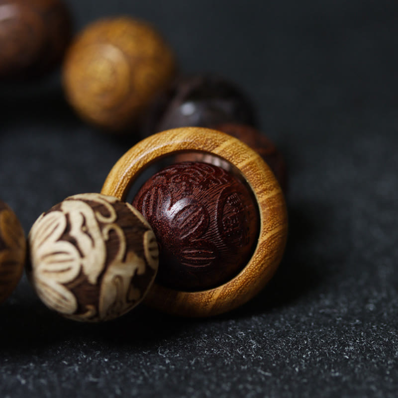 Bracelet de guérison en bois de santal sculpté avec Buddha Stones et symbole du zodiaque chinois, dragon, phénix, caractère Fu