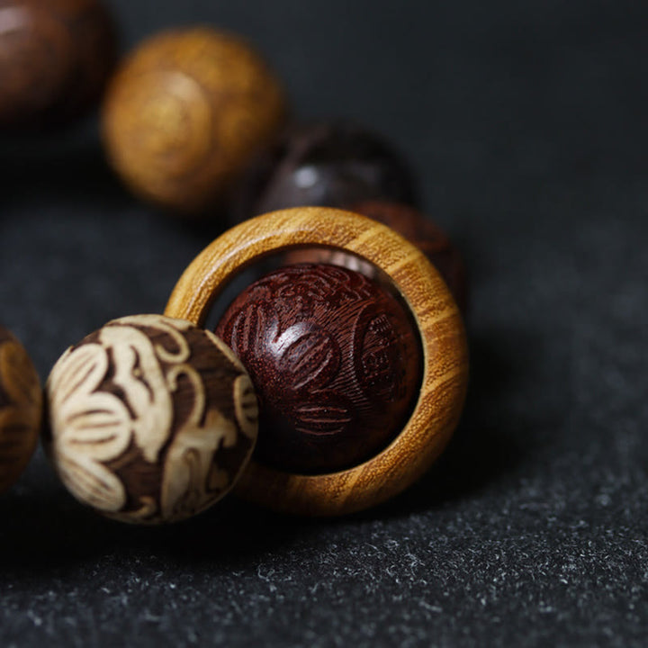 Bracelet de guérison en bois de santal sculpté avec Buddha Stones et symbole du zodiaque chinois, dragon, phénix, caractère Fu