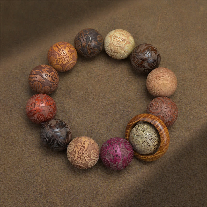 Bracelet de guérison en bois de santal sculpté avec Buddha Stones et symbole du zodiaque chinois, dragon, phénix, caractère Fu