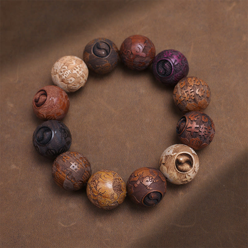 Bracelet de guérison en bois de santal sculpté avec Buddha Stones et symbole du zodiaque chinois, dragon, phénix, caractère Fu