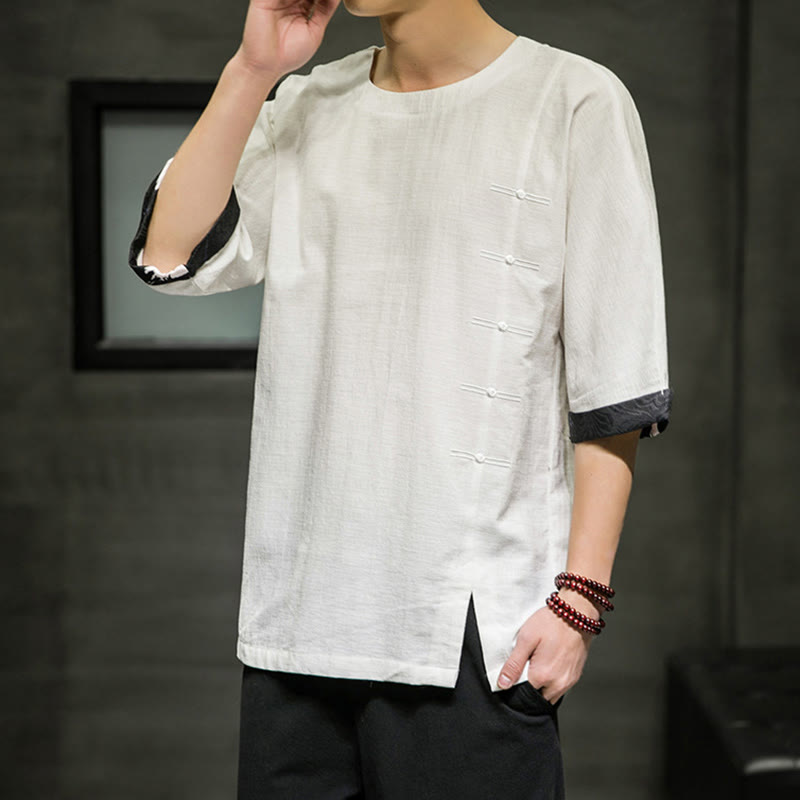 T-shirt d'été à manches trois-quarts en coton et lin pour homme, motif patchwork de couleur unie et rétro, motif Buddha Stones