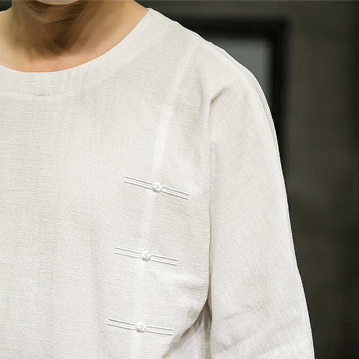 T-shirt d'été à manches trois-quarts en coton et lin pour homme, motif patchwork de couleur unie et rétro, motif Buddha Stones