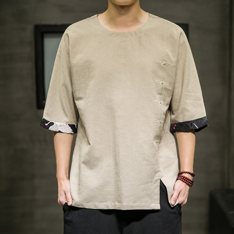 T-shirt d'été à manches trois-quarts en coton et lin pour homme, motif patchwork de couleur unie et rétro, motif Buddha Stones