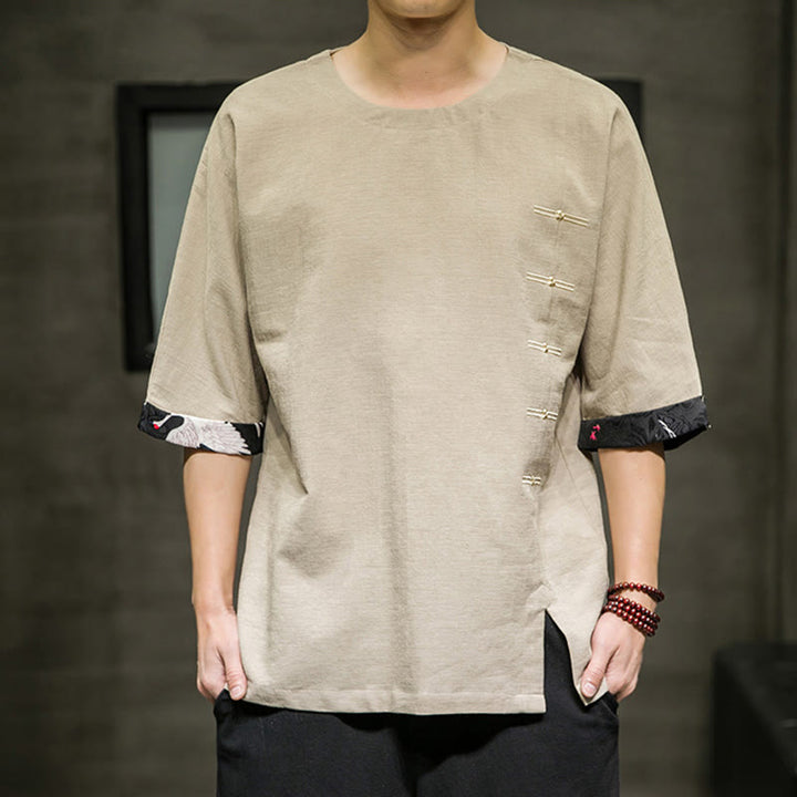 T-shirt d'été à manches trois-quarts en coton et lin pour homme, motif patchwork de couleur unie et rétro, motif Buddha Stones