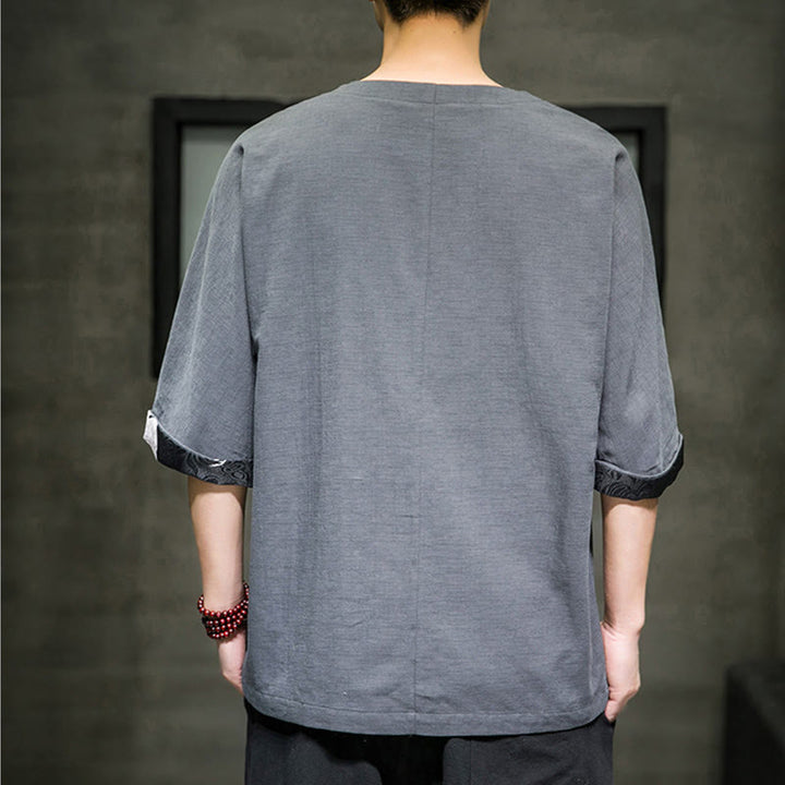 T-shirt d'été à manches trois-quarts en coton et lin pour homme, motif patchwork de couleur unie et rétro, motif Buddha Stones