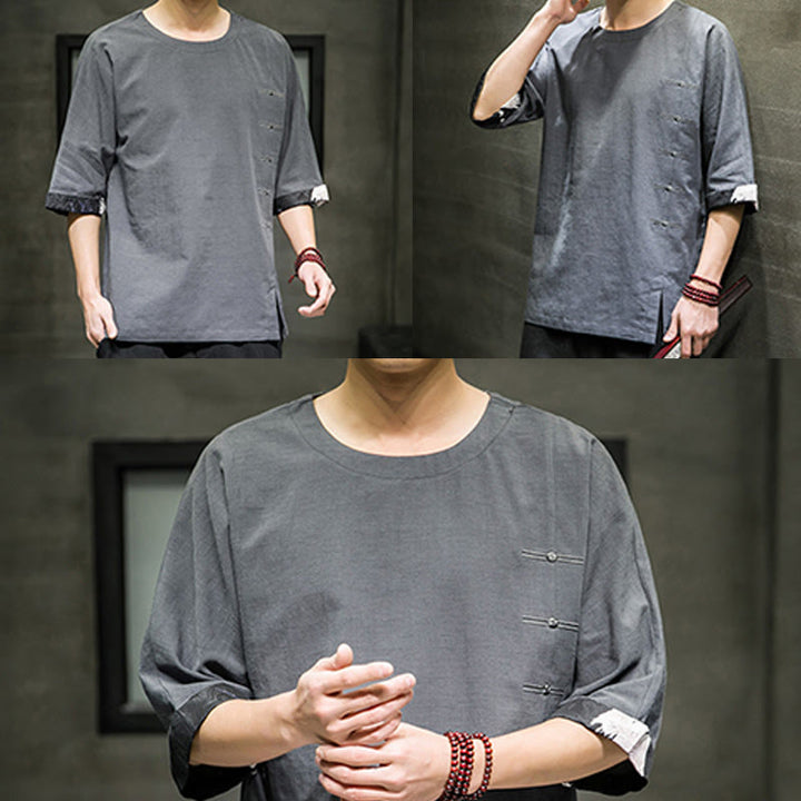 T-shirt d'été à manches trois-quarts en coton et lin pour homme, motif patchwork de couleur unie et rétro, motif Buddha Stones