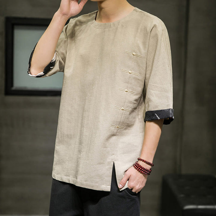 T-shirt d'été à manches trois-quarts en coton et lin pour homme, motif patchwork de couleur unie et rétro, motif Buddha Stones