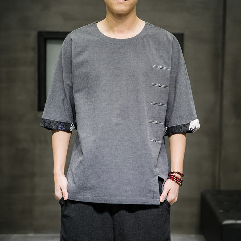 T-shirt d'été à manches trois-quarts en coton et lin pour homme, motif patchwork de couleur unie et rétro, motif Buddha Stones