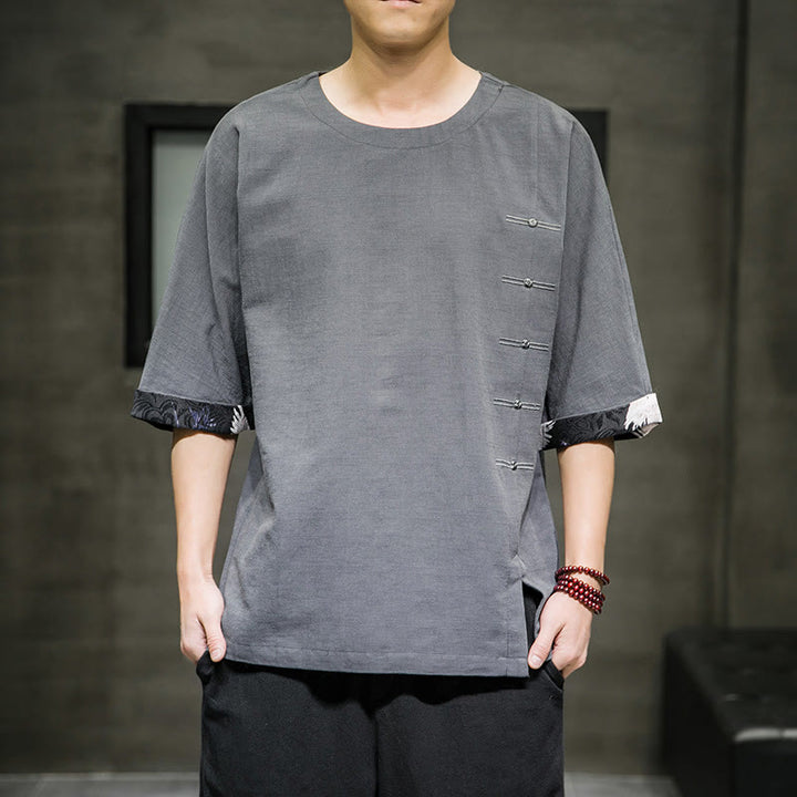 T-shirt d'été à manches trois-quarts en coton et lin pour homme, motif patchwork de couleur unie et rétro, motif Buddha Stones