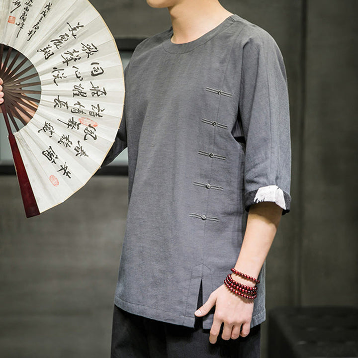 T-shirt d'été à manches trois-quarts en coton et lin pour homme, motif patchwork de couleur unie et rétro, motif Buddha Stones