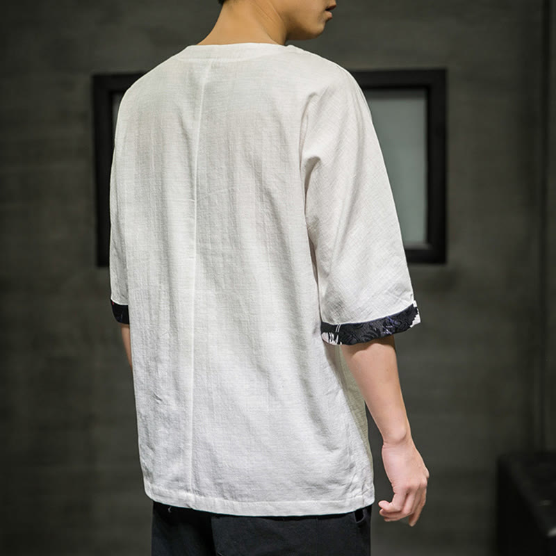 T-shirt d'été à manches trois-quarts en coton et lin pour homme, motif patchwork de couleur unie et rétro, motif Buddha Stones