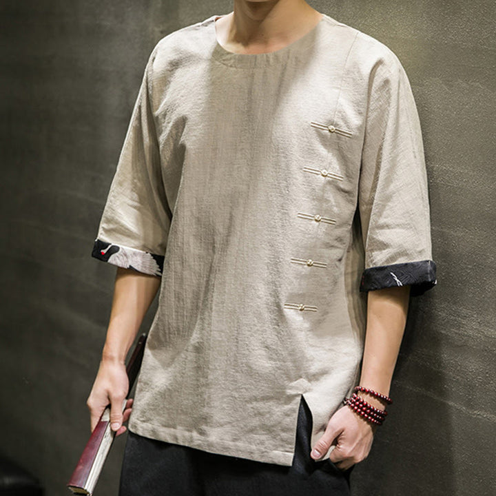 T-shirt d'été à manches trois-quarts en coton et lin pour homme, motif patchwork de couleur unie et rétro, motif Buddha Stones