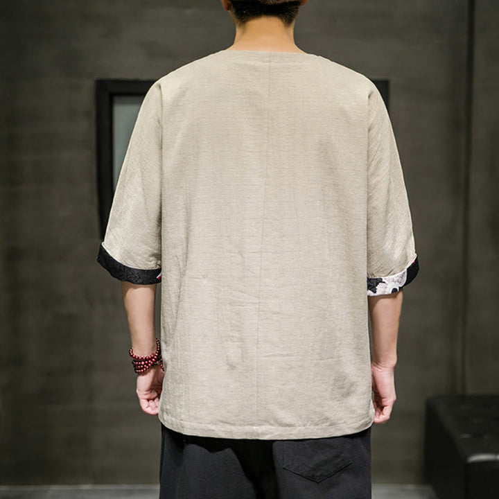 T-shirt d'été à manches trois-quarts en coton et lin pour homme, motif patchwork de couleur unie et rétro, motif Buddha Stones