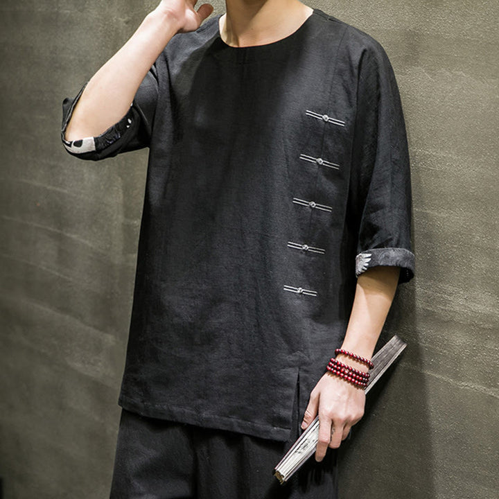 T-shirt d'été à manches trois-quarts en coton et lin pour homme, motif patchwork de couleur unie et rétro, motif Buddha Stones