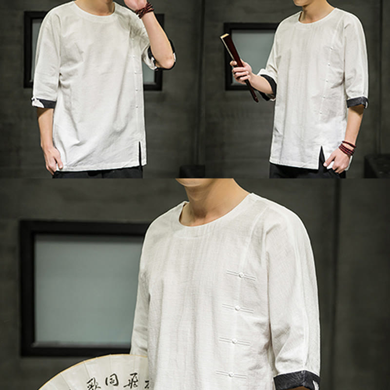 T-shirt d'été à manches trois-quarts en coton et lin pour homme, motif patchwork de couleur unie et rétro, motif Buddha Stones