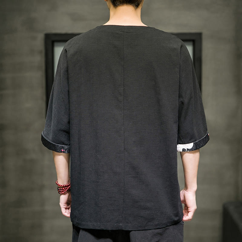 T-shirt d'été à manches trois-quarts en coton et lin pour homme, motif patchwork de couleur unie et rétro, motif Buddha Stones