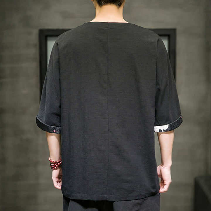 T-shirt d'été à manches trois-quarts en coton et lin pour homme, motif patchwork de couleur unie et rétro, motif Buddha Stones