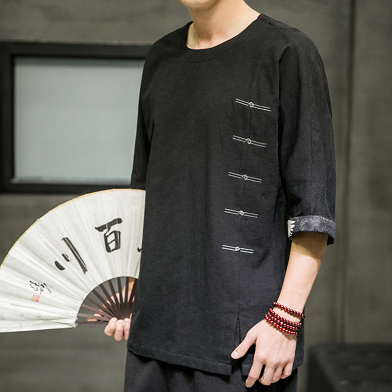 T-shirt d'été à manches trois-quarts en coton et lin pour homme, motif patchwork de couleur unie et rétro, motif Buddha Stones