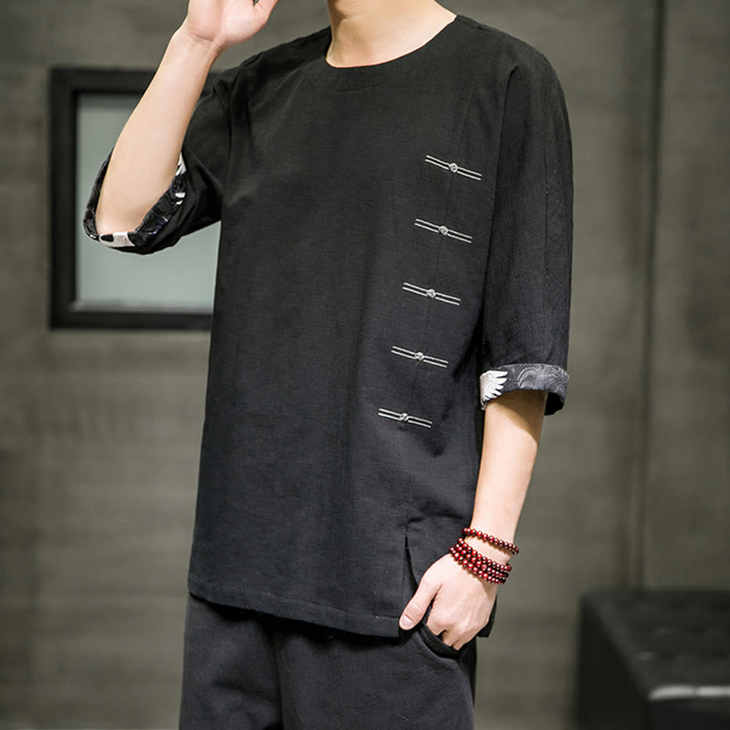 T-shirt d'été à manches trois-quarts en coton et lin pour homme, motif patchwork de couleur unie et rétro, motif Buddha Stones