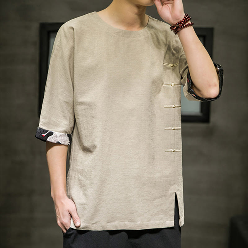 T-shirt d'été à manches trois-quarts en coton et lin pour homme, motif patchwork de couleur unie et rétro, motif Buddha Stones