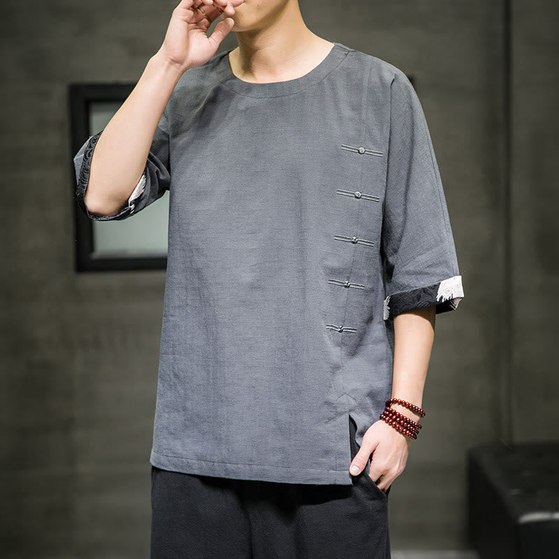 T-shirt d'été à manches trois-quarts en coton et lin pour homme, motif patchwork de couleur unie et rétro, motif Buddha Stones