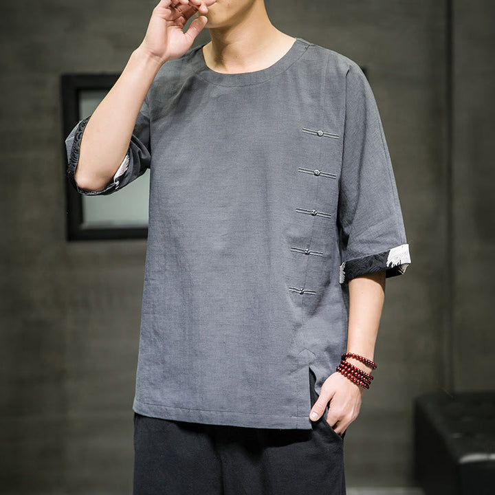 T-shirt d'été à manches trois-quarts en coton et lin pour homme, motif patchwork de couleur unie et rétro, motif Buddha Stones