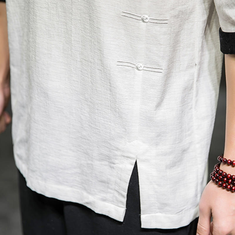 T-shirt d'été à manches trois-quarts en coton et lin pour homme, motif patchwork de couleur unie et rétro, motif Buddha Stones