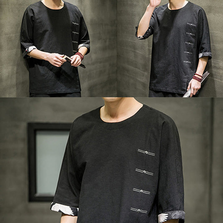 T-shirt d'été à manches trois-quarts en coton et lin pour homme, motif patchwork de couleur unie et rétro, motif Buddha Stones