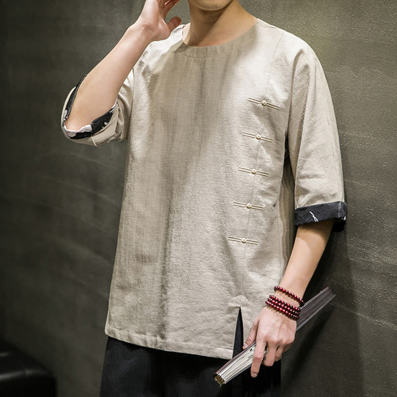 T-shirt d'été à manches trois-quarts en coton et lin pour homme, motif patchwork de couleur unie et rétro, motif Buddha Stones