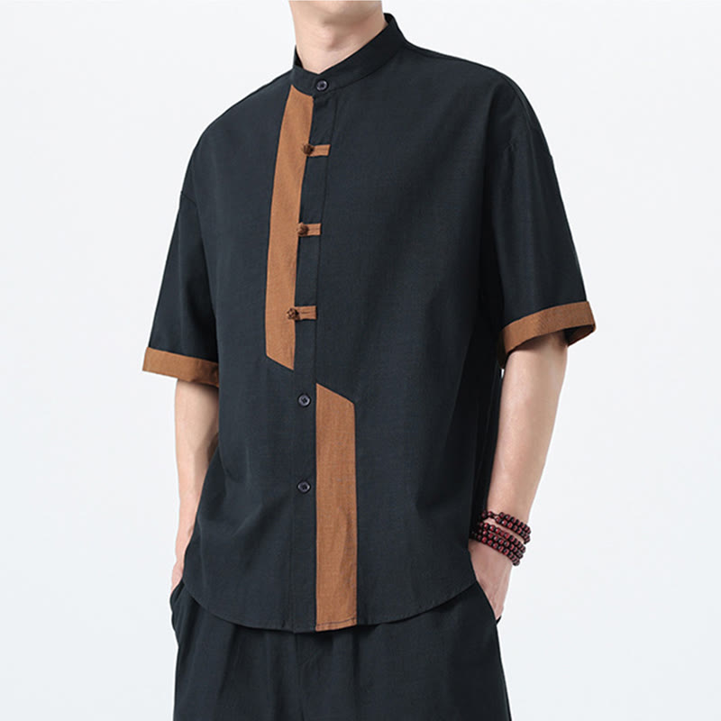 Chemise à manches mi-longues en coton et lin pour homme, style chinois, décontracté, assorti, motif grenouille et Buddha Stones