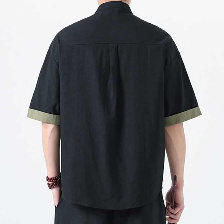 Chemise à manches mi-longues en coton et lin pour homme, style chinois, décontracté, assorti, motif grenouille et Buddha Stones