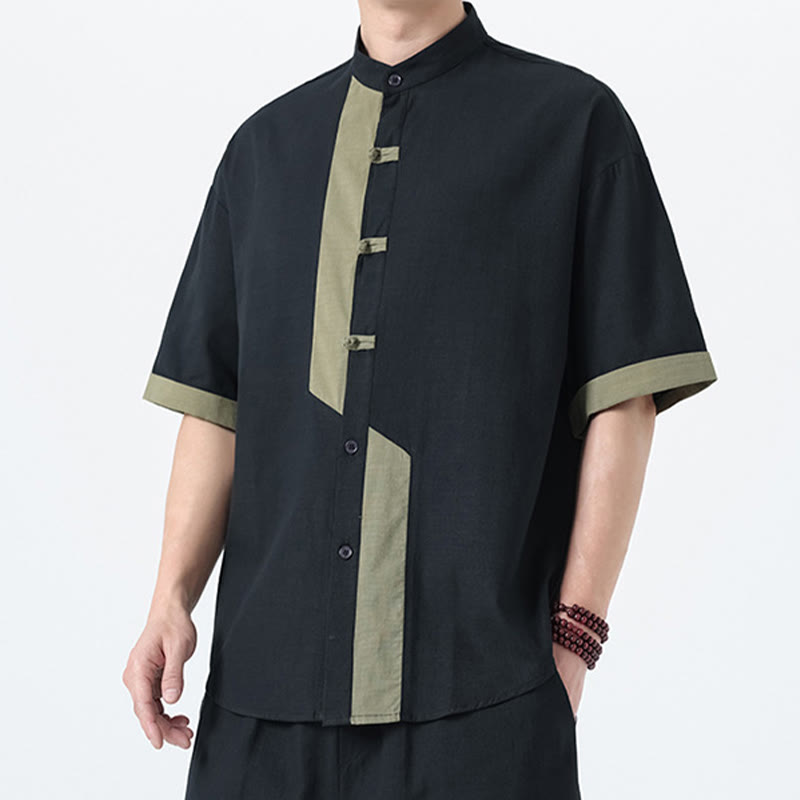 Chemise à manches mi-longues en coton et lin pour homme, style chinois, décontracté, assorti, motif grenouille et Buddha Stones