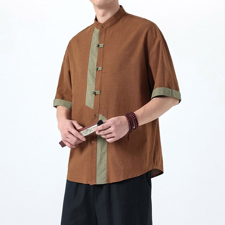 Chemise à manches mi-longues en coton et lin pour homme, style chinois, décontracté, assorti, motif grenouille et Buddha Stones
