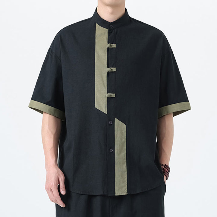 Chemise à manches mi-longues en coton et lin pour homme, style chinois, décontracté, assorti, motif grenouille et Buddha Stones