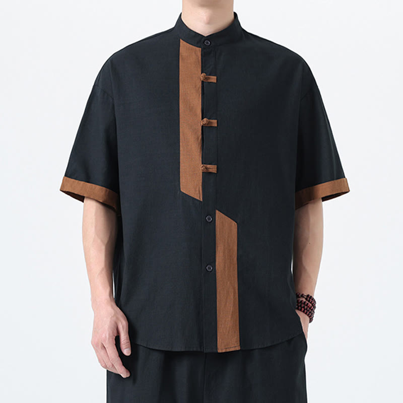 Chemise à manches mi-longues en coton et lin pour homme, style chinois, décontracté, assorti, motif grenouille et Buddha Stones