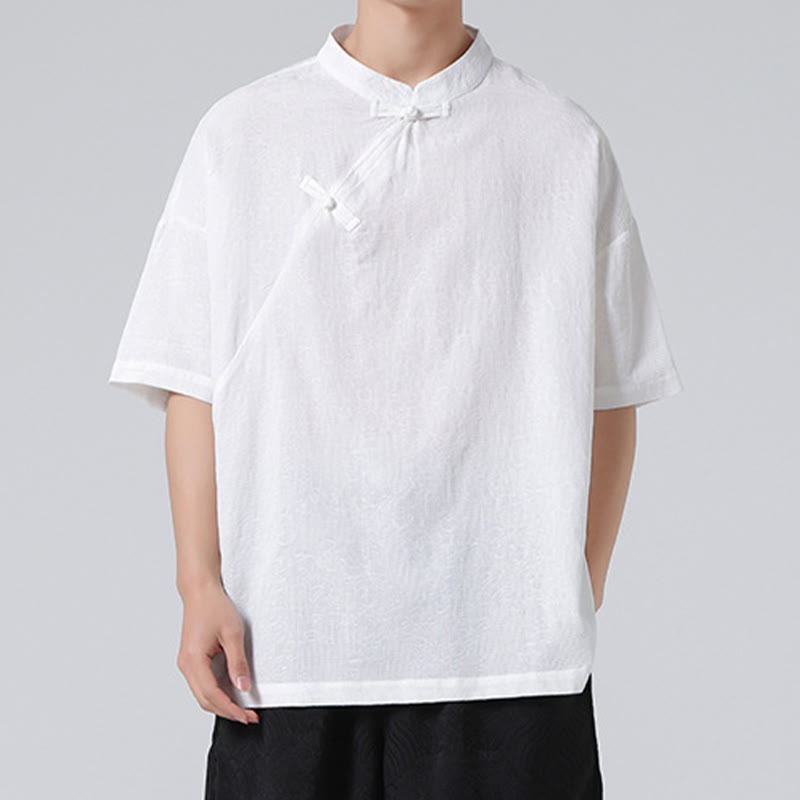 Chemise à manches courtes en coton et lin pour homme, motif floral jacquard, motif Buddha Stones, couleur pure et rétro - image 19