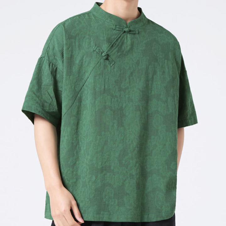 Chemise à manches courtes en coton et lin pour homme, motif floral jacquard, motif Buddha Stones, couleur pure et rétro - image 5