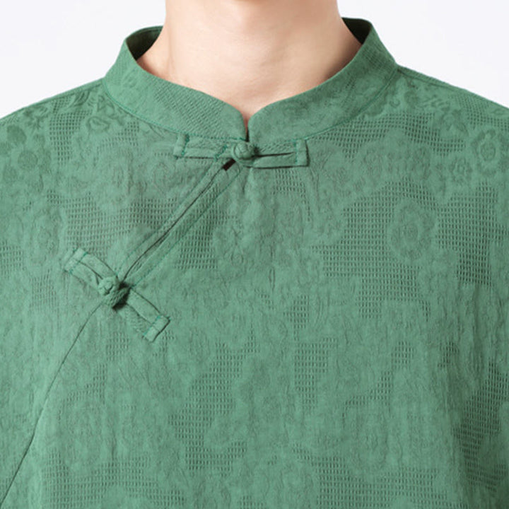 Chemise à manches courtes en coton et lin pour homme, motif floral jacquard, motif Buddha Stones, couleur pure et rétro - image 8