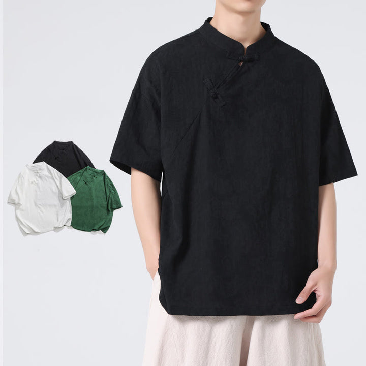 Chemise à manches courtes en coton et lin pour homme, motif floral jacquard, motif Buddha Stones, couleur pure et rétro - image 25