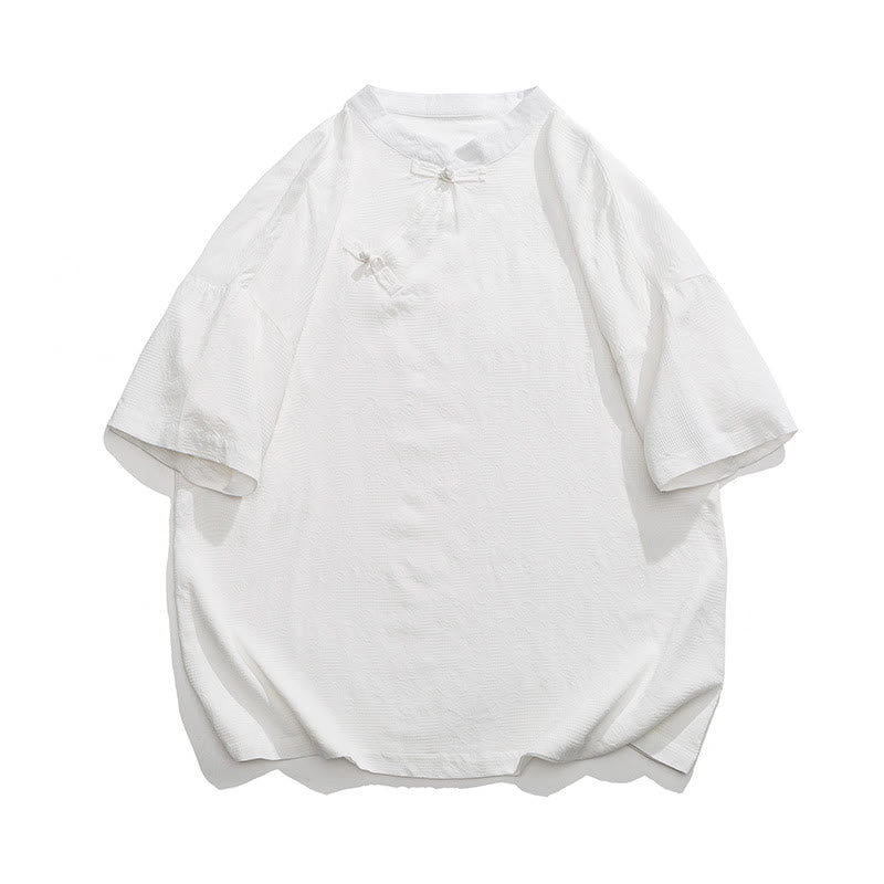 Chemise à manches courtes en coton et lin pour homme, motif floral jacquard, motif Buddha Stones, couleur pure et rétro - Blanc - US/UK/AU46,EU56 (5XL) - image 14