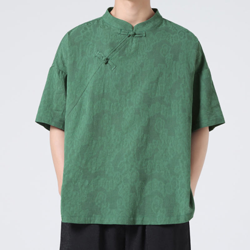 Chemise à manches courtes en coton et lin pour homme, motif floral jacquard, motif Buddha Stones, couleur pure et rétro - image 1