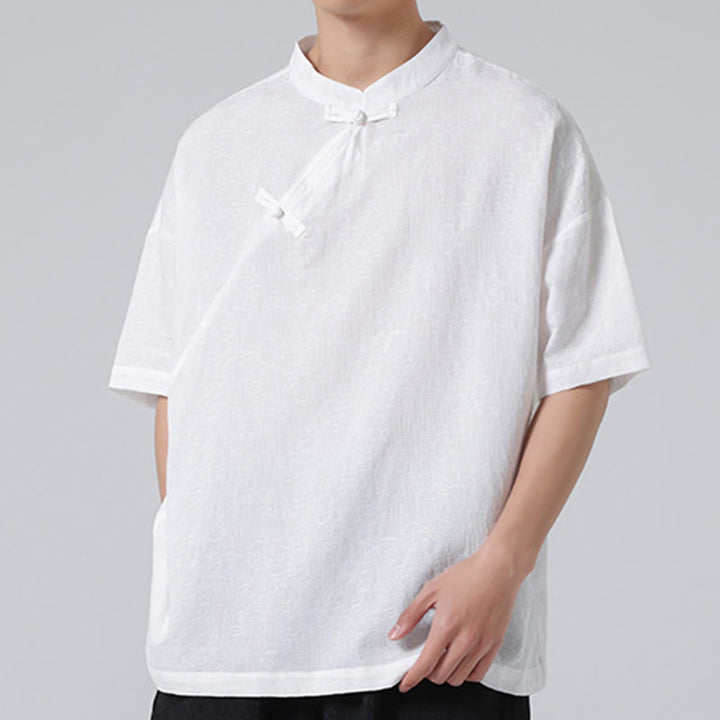 Chemise à manches courtes en coton et lin pour homme, motif floral jacquard, motif Buddha Stones, couleur pure et rétro - image 21