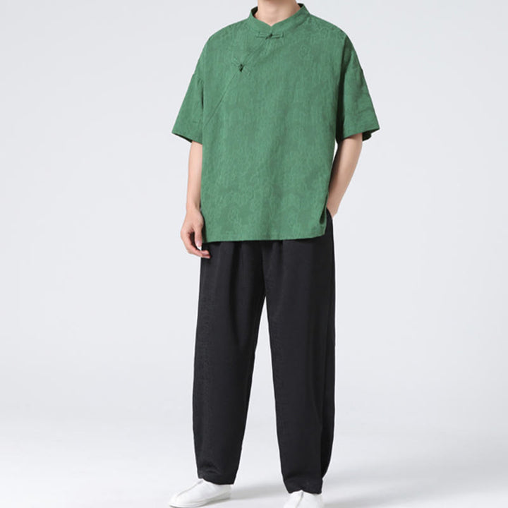 Chemise à manches courtes en coton et lin pour homme, motif floral jacquard, motif Buddha Stones, couleur pure et rétro - image 7