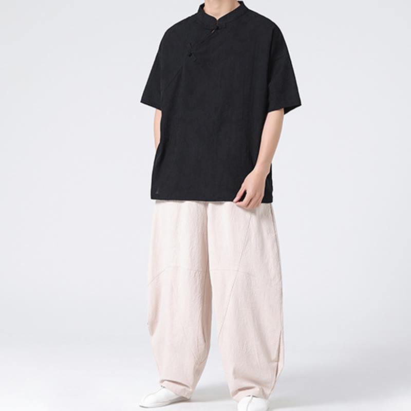 Chemise à manches courtes en coton et lin pour homme, motif floral jacquard, motif Buddha Stones, couleur pure et rétro - image 32