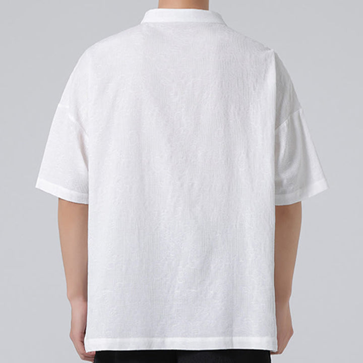 Chemise à manches courtes en coton et lin pour homme, motif floral jacquard, motif Buddha Stones, couleur pure et rétro - image 17